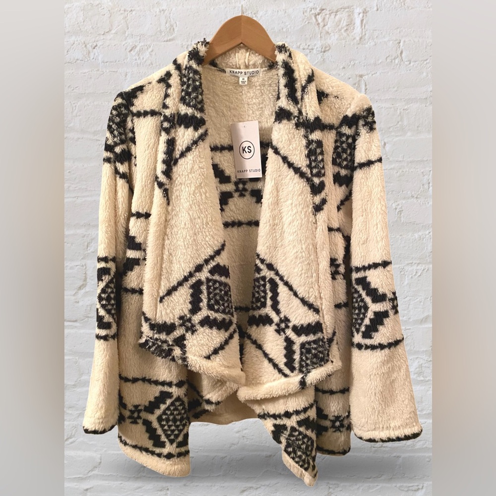 New Cream/Black Geometric Print Fly-Away Sherpa Cardigan Cozy